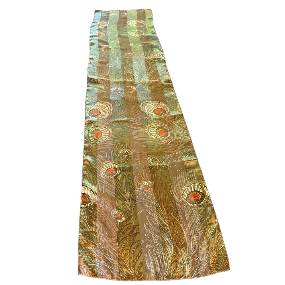 Vintage Peacock Feather Print Green Gold Satin Table Runner 13x60